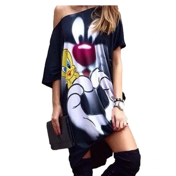 Fancyqube Summer Dress Women Short Sleeve Casual Cartoon Dress Size S